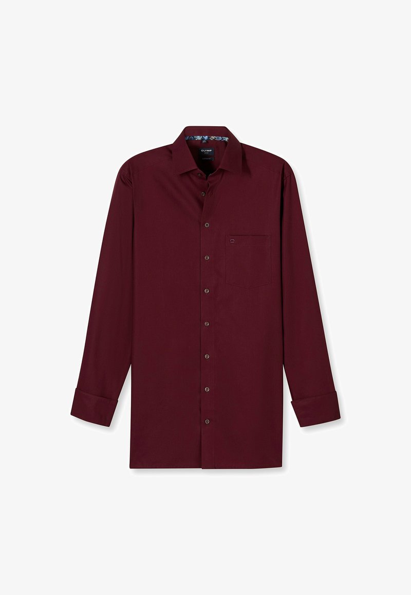 Burgunderfarbene Langarmbluse mit Knopfleiste, einer einzelnen Brusttasche und gefüttertem Innenkragen mit Muster. Hergestellt aus glattem Stoff.