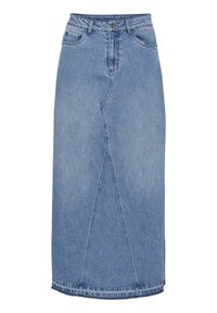 Denim midi skirt in light blue, featuring a high waistband, front pockets, seam detailing, and a straight cut with a slightly flared hem.
