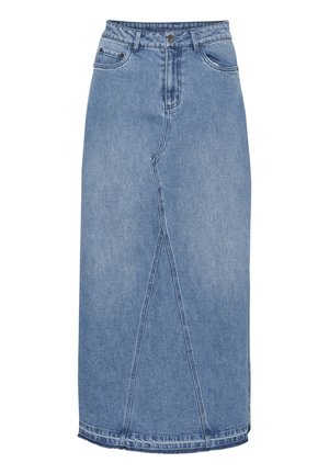 Ljusblå denim-midi kjol med hög midja, framfickor, sömdetaljer och rak passform med en lätt utställd nederkant.