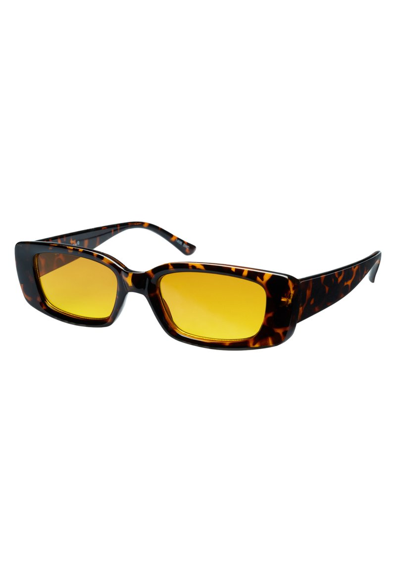 Gafas de sol rectangulares de carey con lentes amarillos. Presentan un acabado brillante y patillas curvadas para un ajuste ceñido.