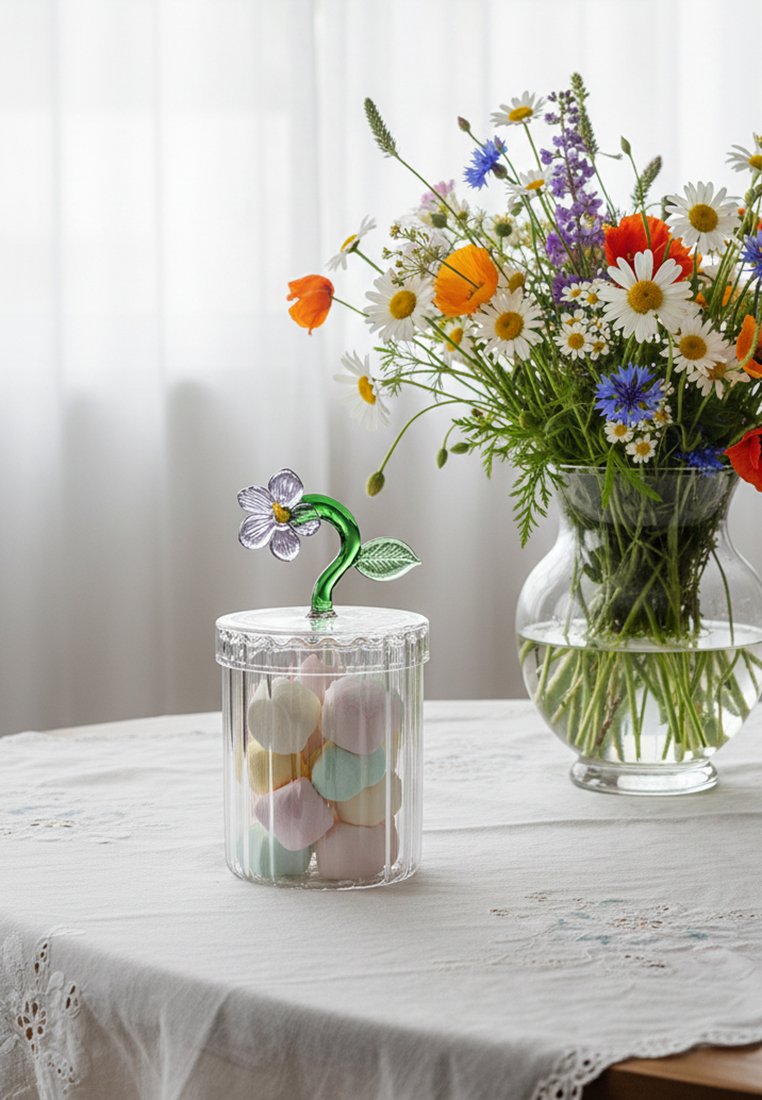 Szklany słoik z pastelowymi piankami oraz zieloną pokrywką w kształcie kwiatu obok przezroczystego wazonu z mieszanką dzikich kwiatów na białym koronkowym obrusie.