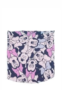 Gaiter da collo in tessuto multicolore che presenta volti di cartone ripetuti con fiocchi in sfumature di rosa, blu e nero su uno sfondo chiaro.