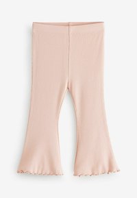 Rosa ribbede flared leggings med en glat tekstur og bølget kantdetalje, med en komfortabel talje og tætsiddende pasform.
