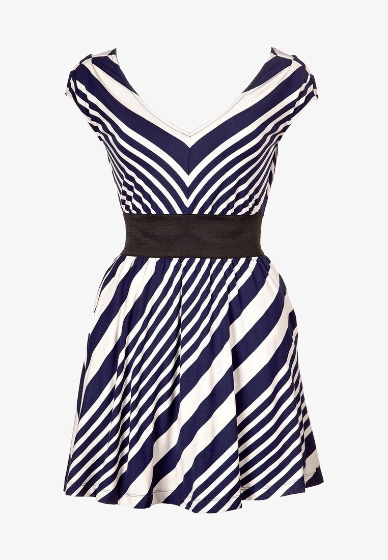 Mekko, jossa on laivastonsinisiä ja valkoisia raitoja, V-pääntie, lyhyet hihat, musta leveä vyötärö ja levenevä polvivarren pituinen hame.