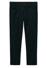 Pantalon noir à jambe droite avec poches avant, passants de ceinture et fermeture à bouton à la taille, présenté sur un fond blanc.