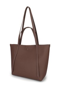 Borsa tote in pelle marrone con una superficie texturizzata, due lunghe tracolle e un accento circolare sul fronte. Design semplice, senza chiusura.
