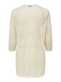 Cream-colored open-knit cardigan with circular and linear patterns, featuring three-quarter sleeves and a mid-thigh length.