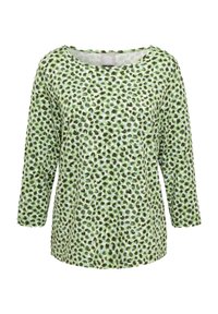 Grünes Langarmshirt mit Rundhalsausschnitt, das einen Druck von schwarzen und dunkelgrünen Leopardenflecken auf hellgrünem Hintergrund zeigt.