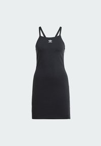 Black cotton dress with adjustable thin straps, featuring a fitted shape and a small white logo on the chest. Smooth texture, minimal design.
