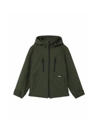 Veste à capuche verte avec une fermeture éclair sur le devant, deux poches poitrine et des poches latérales. Dispose de poignets réglables et d'un tissu lisse et texturé.