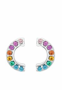 Orecchini a forma di mezzaluna in argento con gemme colorate in rosa, viola, arancione, verde e blu disposte in un motivo semi-circolare.