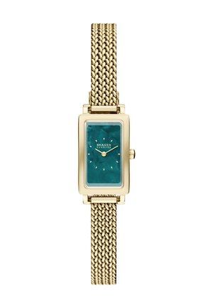 Goldenes Mesh-Armband mit rechteckigem türkisfarbenem Zifferblatt, minimalistischen goldenen Stundenmarkierungen und Skagen Denmark Logo auf dem Zifferblatt.