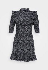 Black floral dress with a high ruffled neckline, three-quarter sleeves, and a flared hem. Features white flower patterns throughout.