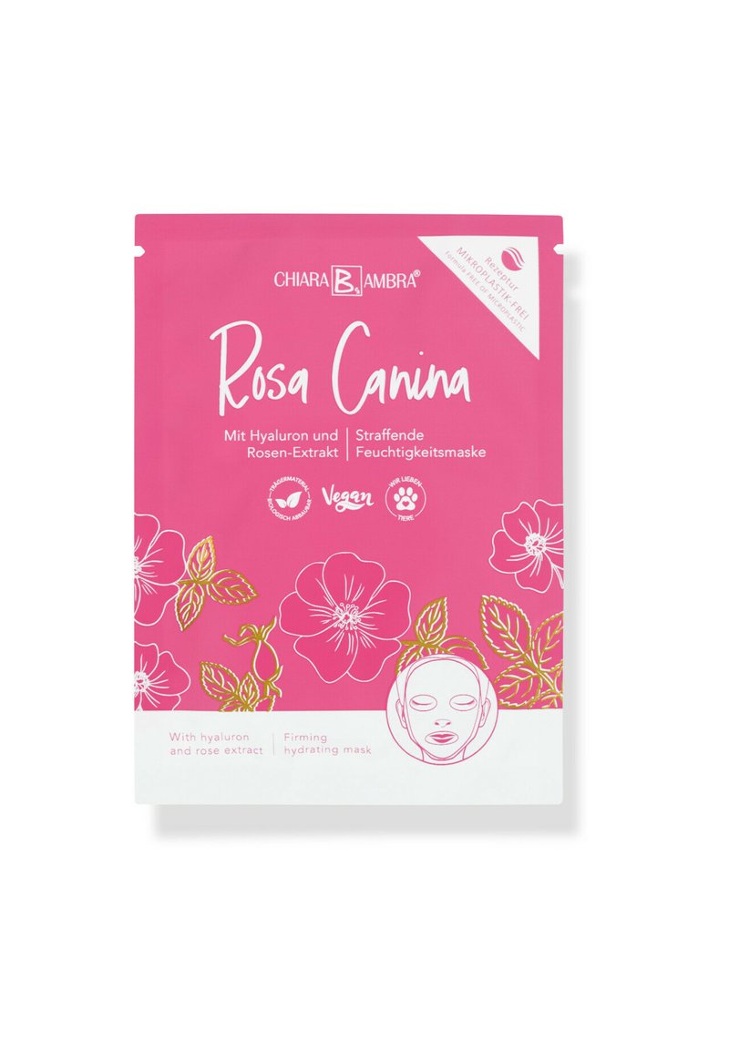 Rosa Verpackung mit floralen Motiven und goldenen Akzenten. Der Text enthält "Rosa Canina," "Hyaluron und Rosen-Extrakt" sowie Produktdetails am unteren Rand.