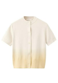 Krátky kardigán na zapínanie na gombíky s krátkym rukávom v krémovej farbe s jemným prechodom do béžovej na leme, s okrúhlym výstrihom a rebrovanými manžetami.