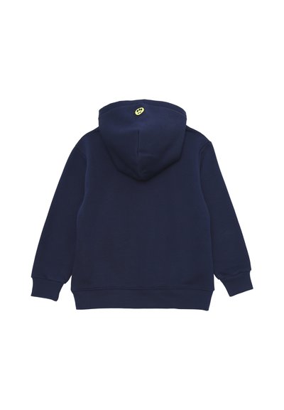 Felpa con cappuccio blu navy in tessuto morbido, con un bottone a forma di faccina gialla sul retro e polsini e orlo a costine.