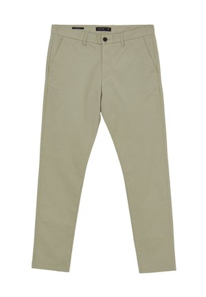 Chino color beige chiaro con una vestibilità slim, realizzati in tessuto misto cotone. Presentano tasche laterali e una chiusura con un solo bottone nella parte anteriore.