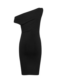 Schwarzes Ein-Schulter-Kleid mit einer taillierten Silhouette, aus weichem Stoff gefertigt. Verfügt über ein gerafftes Detail an der Schulter und ein knielanges Design.