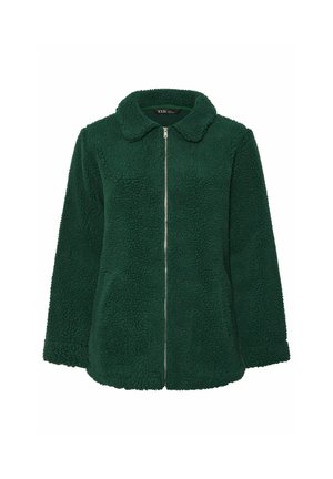 Grüne, zip-up Jacke aus weichem, strukturiertem Stoff mit kragenlosem Ausschnitt und langen Ärmeln, die eine lockere Passform aufweist und keine sichtbaren Muster hat.