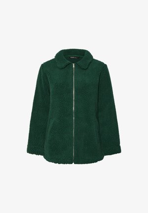 Green, zip-up jacket made of soft, textured fabric with a collared neckline and long sleeves, featuring a relaxed fit and no visible patterns.