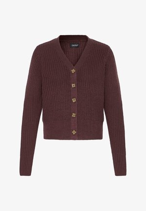 Burgundy stickad cardigan med V-ringning, med knäppning fram och ribbade ärmslut och nederdel. Texturerat tyg med träknappar.