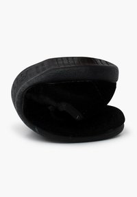 Black flip-flop featuring a textured rubber sole and a soft fabric strap, with a cushioned footbed for comfort.