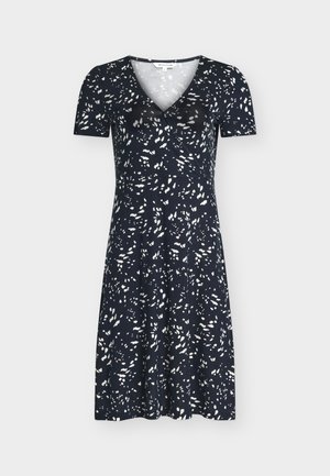 Μπλε ναυτικό φόρεμα μέχρι το γόνατο με κοντά μανίκια και λευκό αφηρημένο πουά σχέδιο, με λαιμόκοψη V και εφαρμοστή μέση.