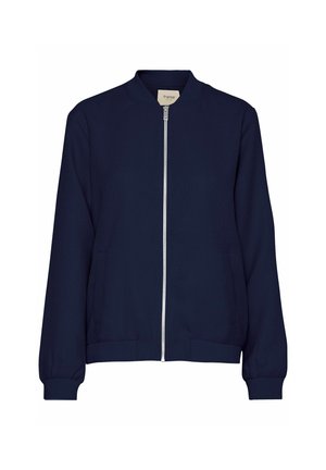 Marineblauwe bomberjack met een textuurstof, ribgebreide manchetten en zoom, rits aan de voorkant en zijzakken. Eenvoudig ontwerp met een ronde halslijn.