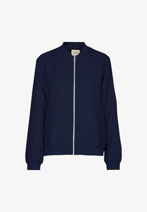 Tumed sinine bomber-jakk tekstuuriga kangast, soonikkoes varrukate ja äärtega, esine tõmblukk ja küljetaskud. Lihtne disain ümmarguse kaelusega.