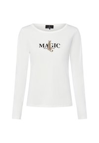 Weißes Langarmshirt mit rundem Halsausschnitt und einem Druckdesign mit dem Text "MAGIC WILD LIFE" und einer Tier-Silhouette.