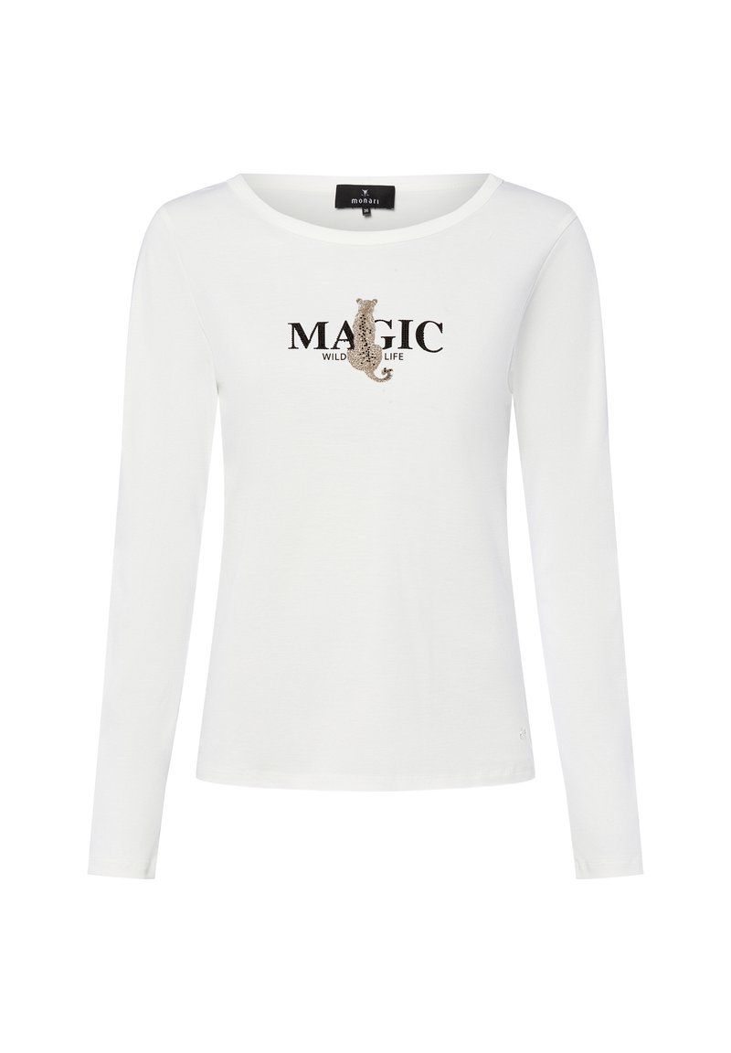 Weißes Langarmshirt mit rundem Halsausschnitt und einem Druckdesign mit dem Text "MAGIC WILD LIFE" und einer Tier-Silhouette.