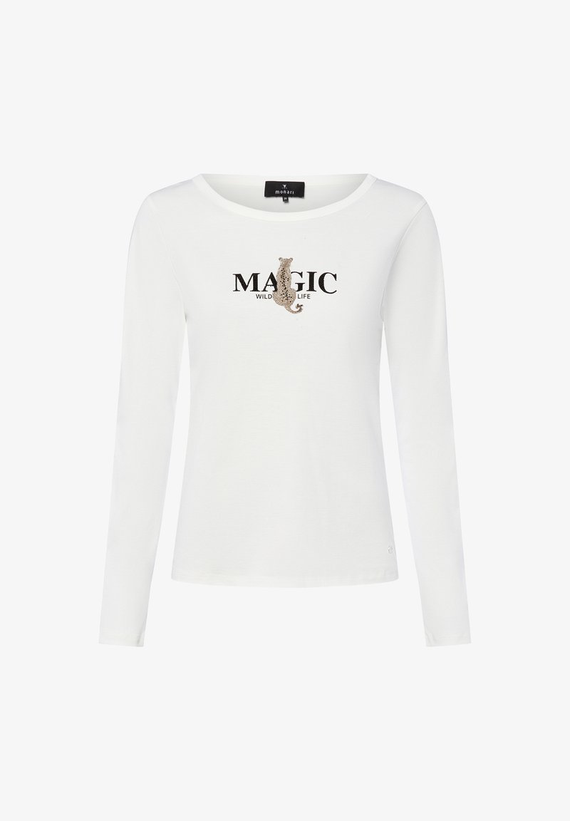 White long-sleeve shirt featuring a round neckline and a printed design with the text "MAGIC WILD LIFE" and an animal silhouette.