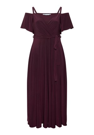 Burgunderrotes Cold-Shoulder-Kleid mit Spaghettiträgern, Wickeloberteil mit V-Ausschnitt und passendem Stoffgürtel, der an der Taille gebunden ist.