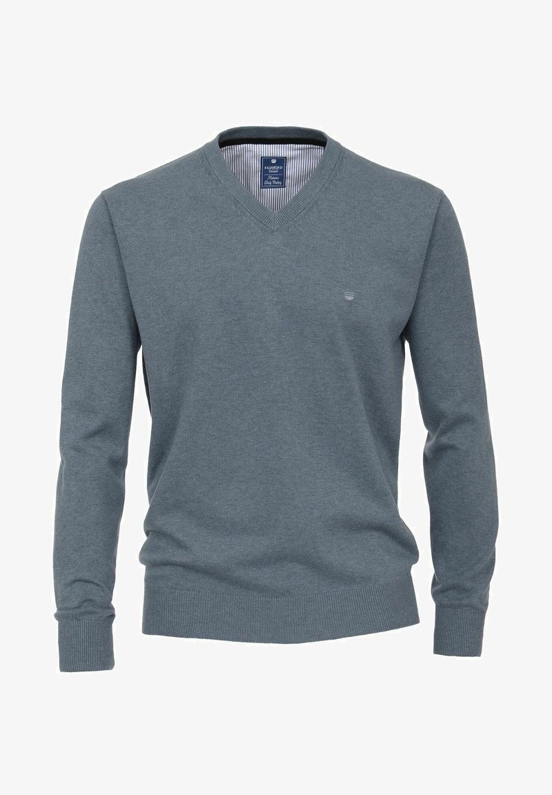 Pull homme à manches longues col en V bleu atténué avec poignets et ourlet côtelés, avec un petit logo sur le côté gauche de la poitrine.
