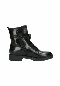 Schwarze Lederknöchelstiefel mit glänzender Oberfläche, Seitenreißverschluss, Schnürdesign und robustem Sohlen. Verstärkter Absatz und textile Akzente.