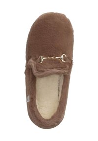 Brown fur-lined slipper with a plush texture, rounded shape, and a gold-tone hardware accent across the front. Soft inner lining.