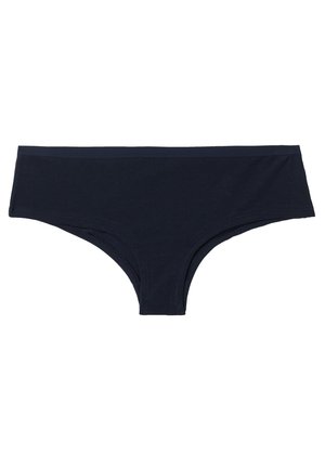 Navy blue cotton hipster underwear with a smooth texture, wide waistband, and seamless edges for comfort and a clean finish.