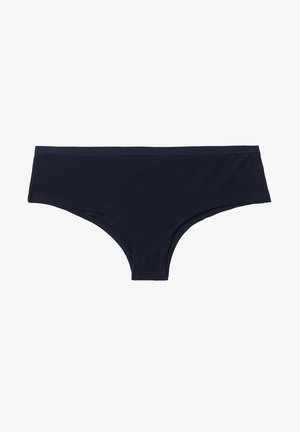 Navy blue cotton hipster underwear with a smooth texture, wide waistband, and seamless edges for comfort and a clean finish.