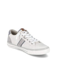 Sneaker bianco realizzato in rete e pelle, con accenti grigi, lacci bianchi e una superficie testurizzata con design a strisce. Suola in gomma.