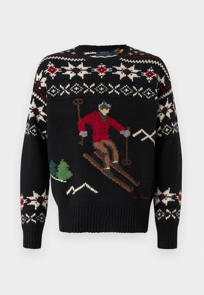 Sweater de malha preta com um design de esquiador, realçado por padrões geométricos brancos e vermelhos e árvores verdes. Punhos e bainha canelados.