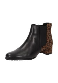Leder-Ankle-Boot mit einer eleganten schwarzen Vorderseite, elastischem seitlichem Einsatz und einem leopardgemusterten, strukturierten Hinterfersenbereich. Niedriger Blockabsatz.