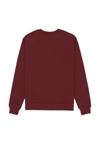 En ensfarvet marmelade langærmet crewneck sweatshirt vist fra ryggen med ribbede manchetter og kant på en hvid baggrund.