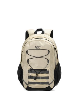 Zaino beige con superficie testurizzata, accenti neri, spallacci regolabili, corda elastica frontale e tasche laterali in rete per la custodia.