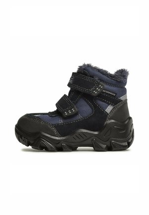 Wasserdichter Winterstiefel für Kinder mit schwarzem und marineblauem Stoff, zwei Klettverschlüssen, schwarzer robuster Sohle und grauem Kunstfellfutter.