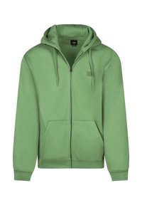 Felpa verde con zip realizzata in tessuto morbido. Presenta una zip frontale, due tasche laterali e un cappuccio con coulisse. Logo semplice sul petto.