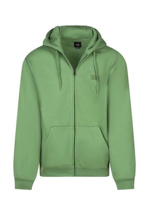 Sweat à capuche zippé vert en tissu doux. Équipé d'une fermeture éclair à l'avant, de deux poches latérales et d'une capuche avec cordon de serrage. Logo simple sur la poitrine.