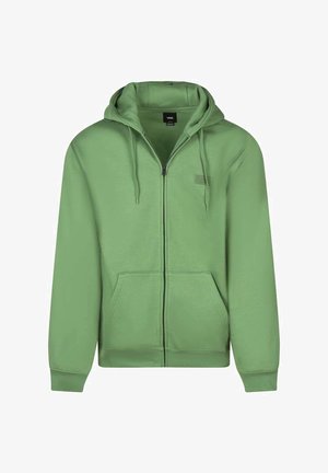 Sweat à capuche zippé vert en tissu doux. Équipé d'une fermeture éclair à l'avant, de deux poches latérales et d'une capuche avec cordon de serrage. Logo simple sur la poitrine.