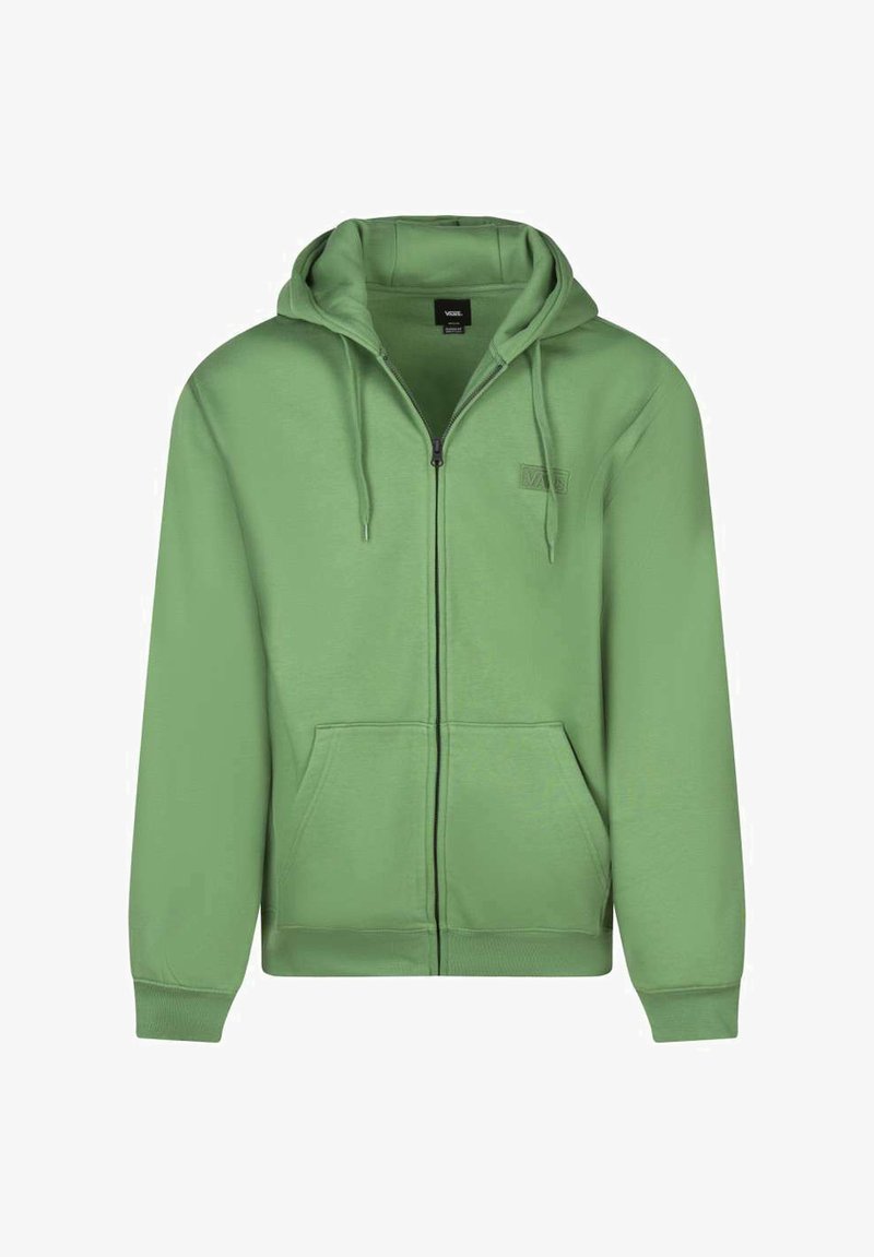 Felpa verde con zip realizzata in tessuto morbido. Presenta una zip frontale, due tasche laterali e un cappuccio con coulisse. Logo semplice sul petto.