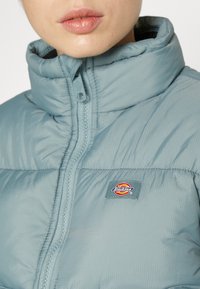Light blue puffer jacket with a high collar, featuring a front zipper and a small red, yellow, and blue logo on the chest. Textured material.