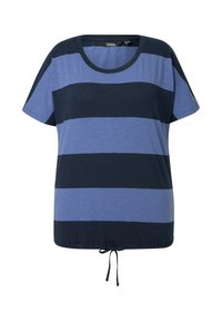 Camiseta de manga corta a rayas en azul marino y azul claro con cuello redondo y dobladillo con cordón para un ajuste ajustable. Material suave y transpirable.
